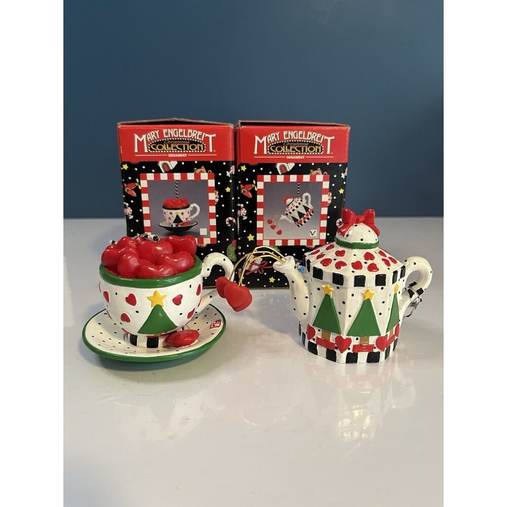 Mary Engelbreit Teacup & Teapot Hearts Set Kurt Adler Christmas Ornaments